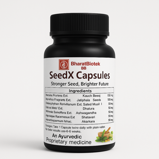 SeedX Capsules – Ayurvedic Supplement for Male Fertility

Stronger Seed, Brighter Future
By BharatBiotek
Pack Size: 30 Capsules | Strength: 500mg per capsule